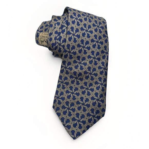 Hermes Men’s 100% Silk Tie Blue Geometric Made In France 58.5” long 3.5” Wide - Picture 1 of 5